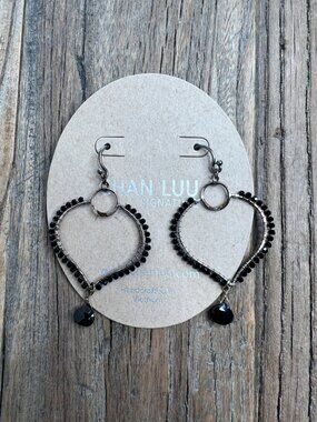 Chan Luu Signature Black Beaded Wire Wrapped Open Heart Drop Earrings Y2K NWT